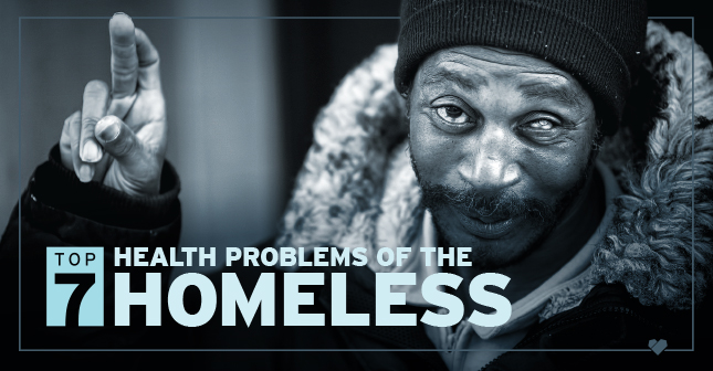 A man experiencing homelessness crossing his fingers with the text, 'Top 7 Health Problems of the Homeless'