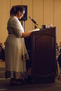 Tenaye smiles while delivering her remarks at MHNW’s Power of Home breakfast at the Seattle Sheraton.