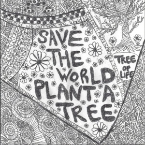 black and white sketch of geometric designs with the words save the world plant a tree