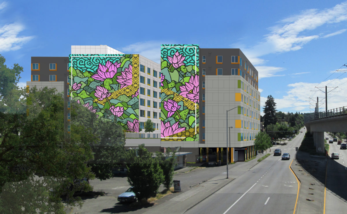 Rendering of lotus mural on building