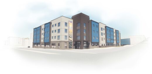 rendering of a 4 story building with windows